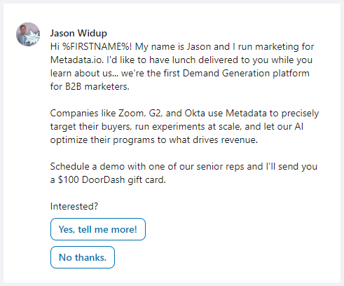 screenshot example of LinkedIn conversation ad